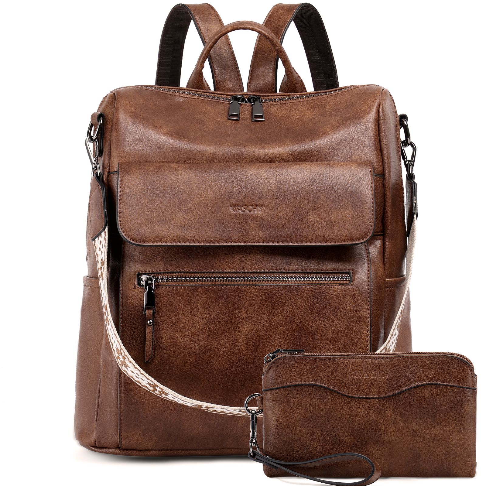 Large Vegan Leather Backpack Purse with Wallet Pouch Set
