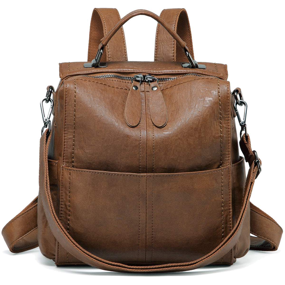 VASCHY Brown PU Leather Backpack 